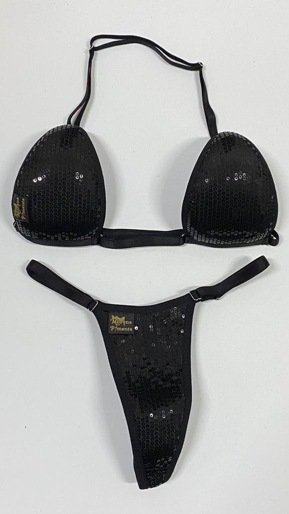 Bikíni fita brasileiro de tecido preto paetê