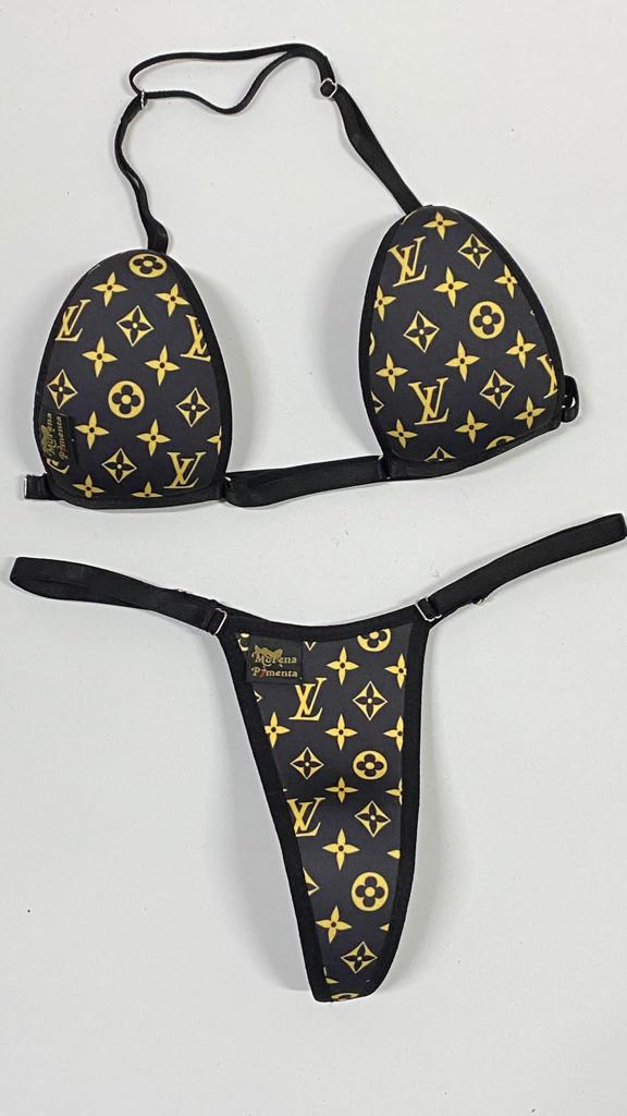 Bikíni fita brasileiro de tecido preto estampa LV